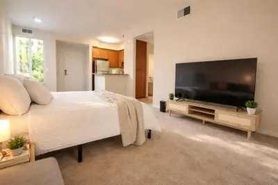 a bedroom with a large bed and a flat screen tv at Marina del Rey 1BR Hideaway - Venice Beach in Los Angeles