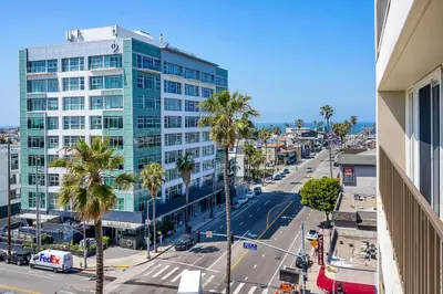 an aerial view of a city street with a tall building at Marina Chic Apartment! Free Parking in Los Angeles