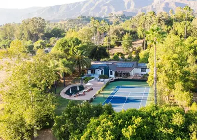 an aerial view of a house with a tennis court at Luxury Ojai Escape Pool, Jacuzzi & Tennis Court in Ojai