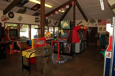 a room with arcade games and video games at Soledad Canyon Deluxe Cabin 23 in Ravenna