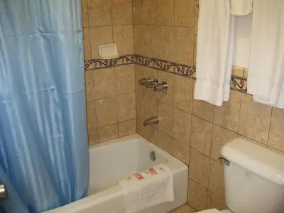 a bathroom with a tub and a toilet and a blue shower curtain at Tower Motel Long Beach in Long Beach