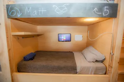 a bunk bed in a small room with a tv at PodShare DTLA in Los Angeles