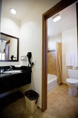 a bathroom with a sink and a toilet and a mirror at Dunes Inn - Sunset in Los Angeles