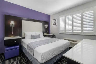 a bedroom with a king sized bed with purple walls at SureStay Hotel by Best Western Beverly Hills West LA in Los Angeles
