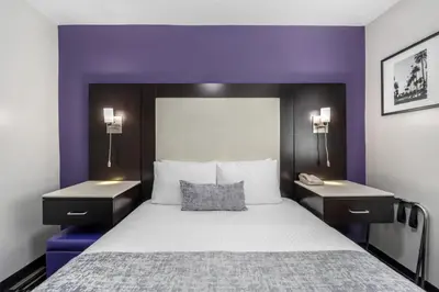 a bedroom with a large bed with purple walls at SureStay Hotel by Best Western Beverly Hills West LA in Los Angeles