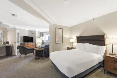 a bedroom with a bed and a living room at Embassy Suites by Hilton Anaheim-Orange in Anaheim