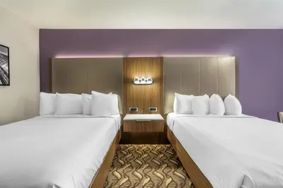 two beds in a hotel room with purple walls at Best Western Airport Plaza Hotel – LAX Airport LA Stadium in Los Angeles
