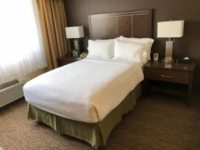 a large bed in a hotel room with two lamps at Holiday Inn Hotel & Suites Anaheim by IHG in Anaheim