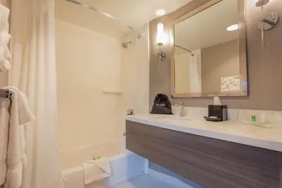 a bathroom with a sink and a tub and a mirror at Sonesta Anaheim Resort Area in Anaheim