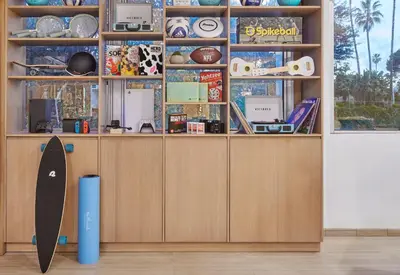 a counter with a skateboard in a room at The Pierside Santa Monica in Los Angeles