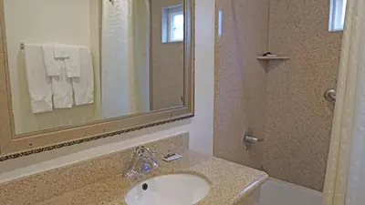 a bathroom with a sink and a mirror and a shower at Redondo Inn and Suites in Redondo Beach