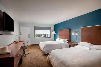 a hotel room with two beds and a flat screen tv at Four Points by Sheraton Anaheim in Anaheim