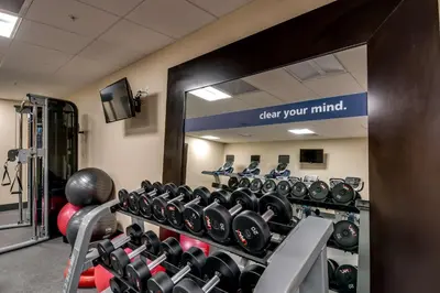 a gym with rows of dumbbells and a mirror at Hampton Inn & Suites Los Angeles - Glendale in Glendale
