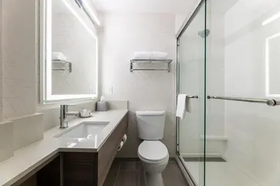 a bathroom with a toilet and a sink and a shower at Holiday Inn Express Van Nuys by IHG in Van Nuys
