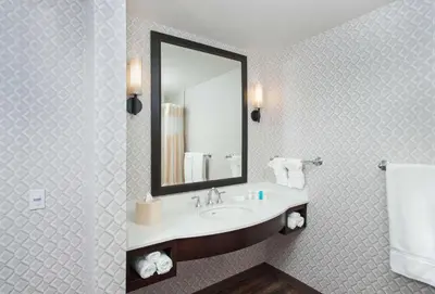 a bathroom with a sink and a mirror at Hilton Garden Inn Burbank Los Angeles in Burbank