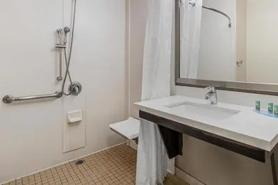 a bathroom with a sink and a mirror and a toilet at Best Western Valencia/Six Flags Inn & Suites in Santa Clarita