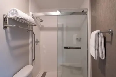 a bathroom with a glass shower with a toilet at SpringHill Suites Pasadena Arcadia in Arcadia