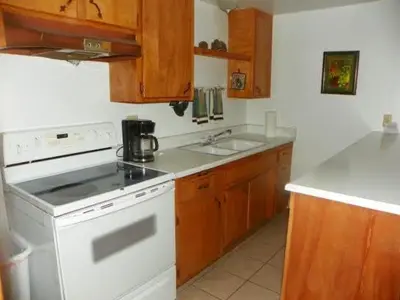 a kitchen with a white stove and a sink at Kern Riverfront Lodge in Kernville