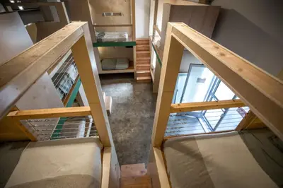 an overhead view of a staircase in a house at PodShare Hollywood in Los Angeles