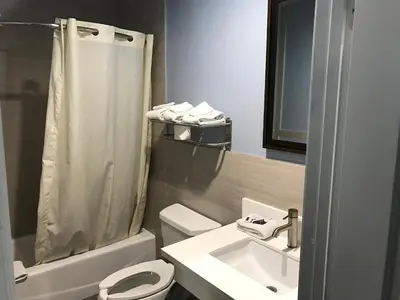a bathroom with a sink and a toilet and a shower at Empire Inn in Los Angeles