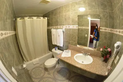 a bathroom with a sink and a toilet and a mirror at The Palace Inn in Oxnard