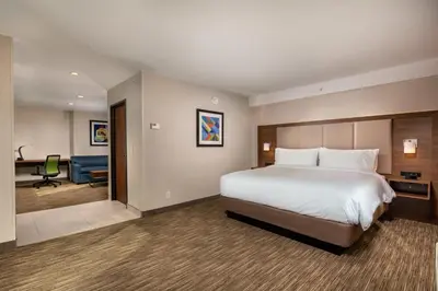 a hotel room with a large bed and a desk at Holiday Inn Express & Suites Chatsworth by IHG in Chatsworth