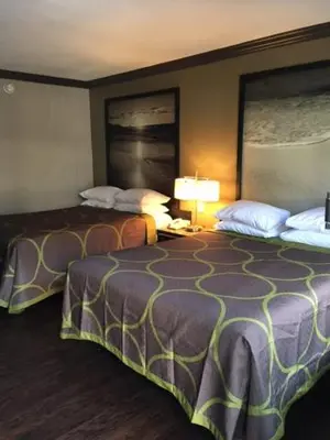 a hotel room with two beds and two lamps at Skyways Hotel in Los Angeles