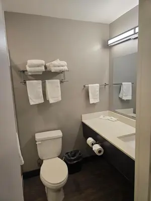 a bathroom with a toilet and a sink and a mirror at Motel 6 Los Angeles, CA - Downtown in Los Angeles