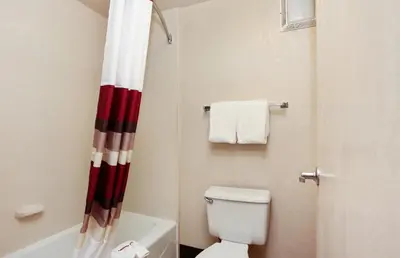 a bathroom with a white toilet and a red and white shower curtain at Red Roof Inn Santa Ana in Santa Ana