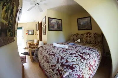 a bedroom with a large bed in a room at FLEUR DE LAC EUROPERAN INn in Lake Arrowhead