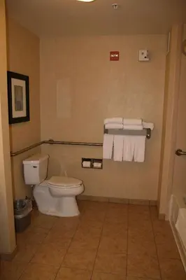 a bathroom with a toilet and towels on the wall at Hampton Inn and Suites Barstow in Barstow