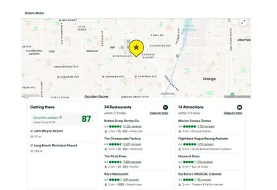 a screenshot of a google maps page with a yellow button at Riviera Motel in Anaheim