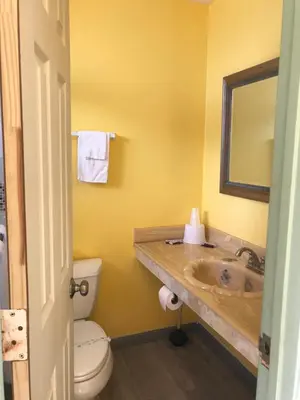 a bathroom with a sink and a toilet and a mirror at 777 Motor Inn in Huntington Beach