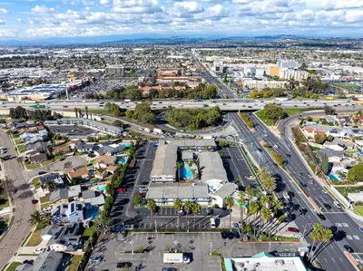 an aerial view of a city at The Buena Park Hotel & Suites in Buena Park