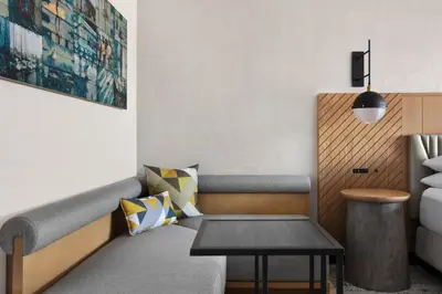 a living room with a couch and a table at Marina del Rey Marriott in Los Angeles