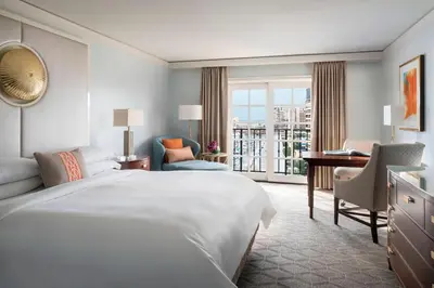 a hotel room with a bed and a desk at The Ritz-Carlton, Marina del Rey in Los Angeles