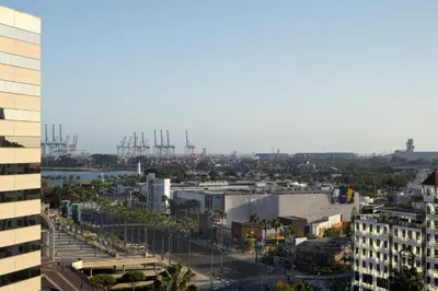an aerial view of a city with a harbor at Marriott Long Beach Downtown in Long Beach
