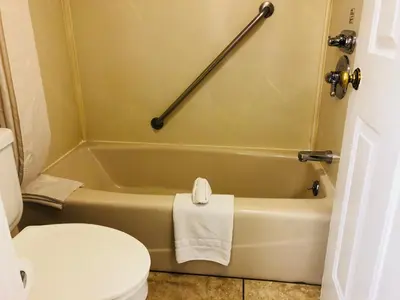 a bathroom with a bath tub and a toilet at Dynasty Suites Hotel in Riverside