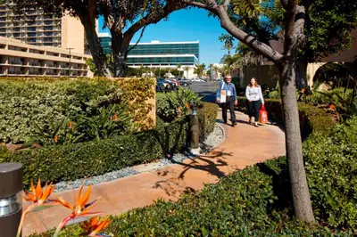 a man and a woman walking down a sidewalk at Courtyard by Marriott Anaheim Resort/Convention Center in Anaheim
