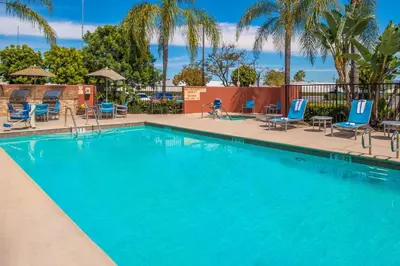 a large swimming pool with blue chairs and palm trees at TownePlace Suites by Marriott Anaheim Maingate Near Angel Stadium in Anaheim