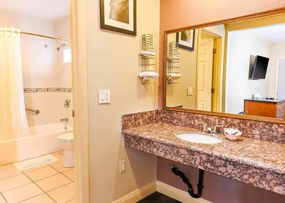 a bathroom with a sink and a toilet and a mirror at Pacifica Motel in Long Beach