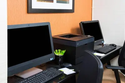 an office desk with a computer and a printer at Fairfield Inn Anaheim Hills Orange County in Anaheim