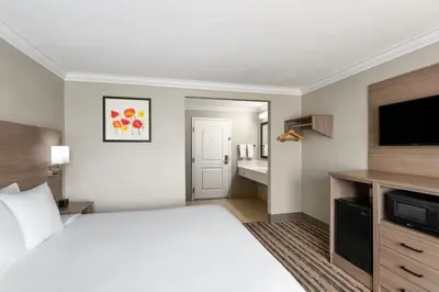 a hotel room with a bed and a flat screen tv at Solara Inn and Suites in Anaheim