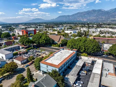 an aerial view of a city with mountains in the background at Rodeway Inn & Suites Pasadena in Pasadena