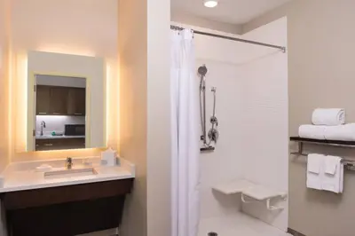 a bathroom with a sink and a shower at TownePlace Suites by Marriott San Bernardino Loma Linda in Loma Linda