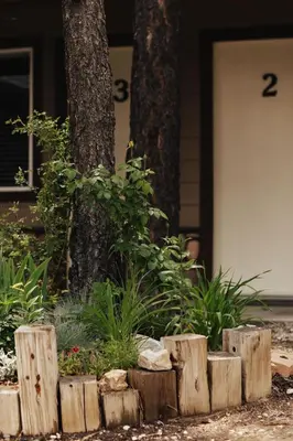a garden with logs and plants in front of a house at Vintage Lakeside Inn in Big Bear Lake