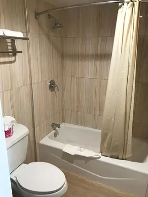 a bathroom with a toilet and a bathtub with a shower curtain at Driftwood Motel in Torrance