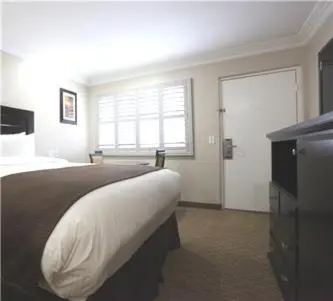 a bedroom with a bed and a dresser and a window at Raincross Hotel Riverside in Riverside