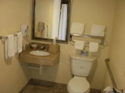 a bathroom with a toilet and a sink and a mirror at Executive Inn Mojave in Mojave
