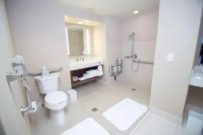 a bathroom with a toilet and a sink and a shower at Hilton Los Angeles-Universal City in Los Angeles